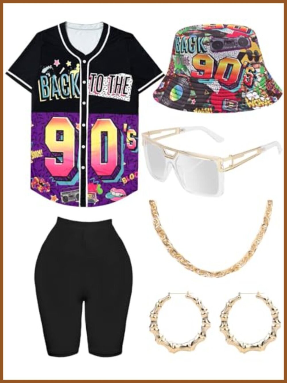 80s 90s Hip Hop Costume Set Baseball Jersey Yoga Pants Bucket Hat Gold Chain